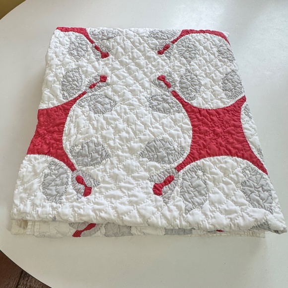 Vintage 70s hand stitched quilt, red, white and grey, full size, flawed, AS IS - Picture 7 of 15